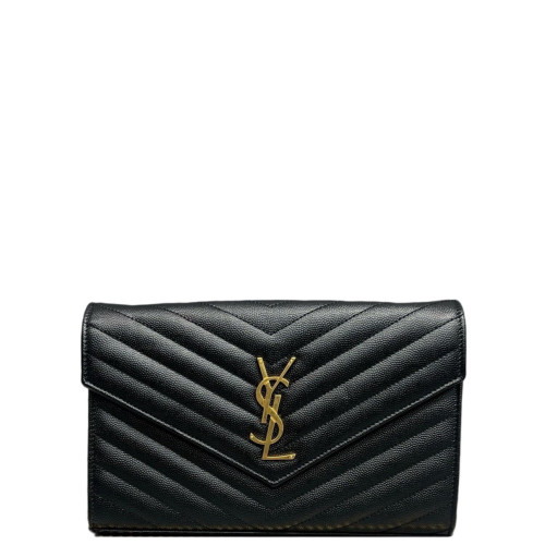 Yves Saint Laurent Envelope Wallet On Chain Shiny Caviar Calfskin Black