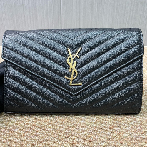 Yves Saint Laurent Envelope Wallet On Chain Shiny Caviar Calfskin Black
