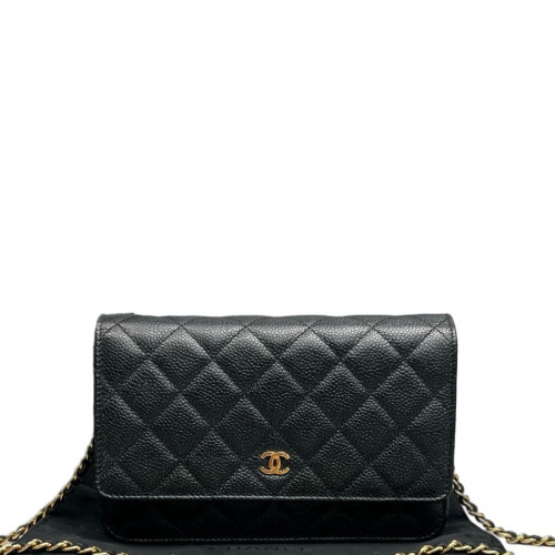Chanel Quilted Wallet On Chain Grained Calfskin Black