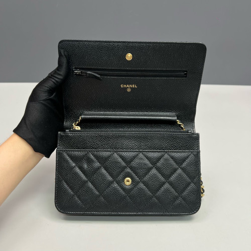 Chanel Quilted Wallet On Chain Grained Calfskin Black