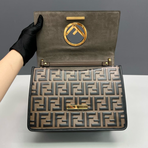 Fendi F Is Fendi Kan I Shoulder Bag Calfskin Embossed FF Brown Black Fendi F Is Fendi Kan I Shoulder Bag Calfskin Embossed FF Brown Black