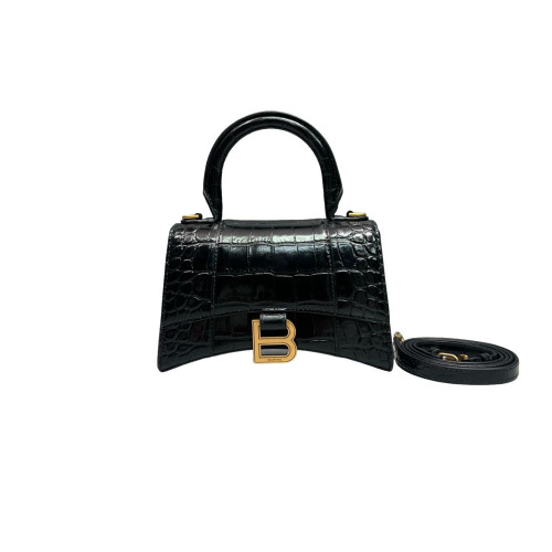 Balenciaga Hourglass Xs Calfskin Crocodile Embossed Black