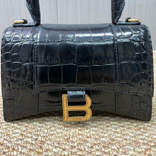 Balenciaga Hourglass Xs Calfskin Crocodile Embossed Black