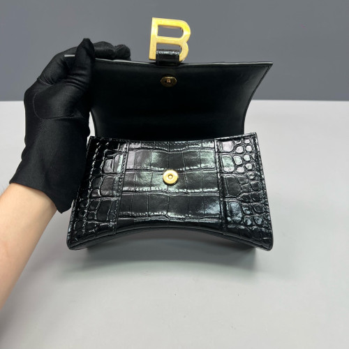Balenciaga Hourglass Xs Calfskin Crocodile Embossed Black