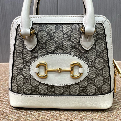 Gucci Mini Horsebit 1955 Top Handle GG Supreme Monogram Calfskin Canvas White Brown