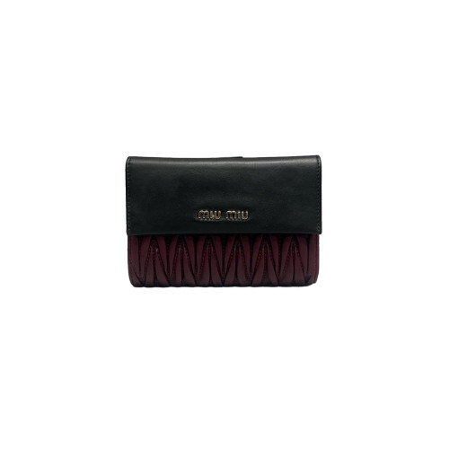 Miu Miu Compact Wallet Nappa Crumpled Lambskin Black Burgundy