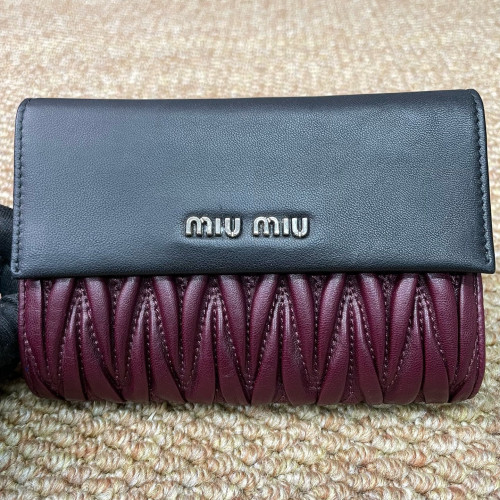 Miu Miu Compact Wallet Nappa Crumpled Lambskin Black Burgundy
