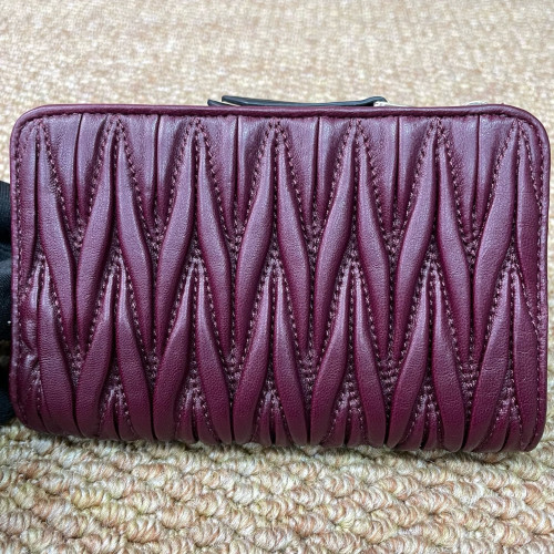 Miu Miu Compact Wallet Nappa Crumpled Lambskin Black Burgundy