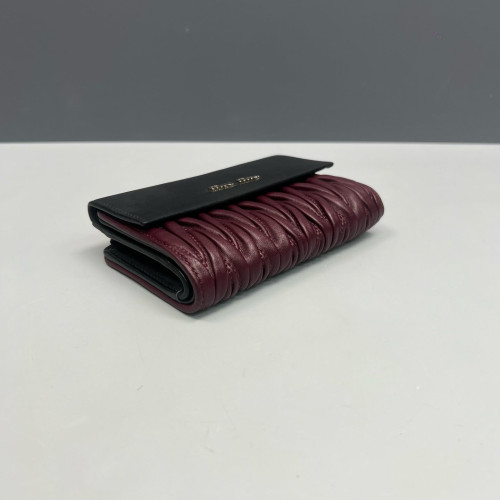 Miu Miu Compact Wallet Nappa Crumpled Lambskin Black Burgundy