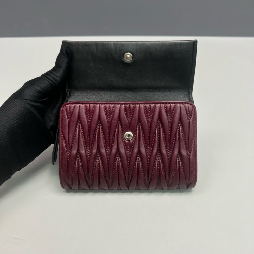 Miu Miu Compact Wallet Nappa Crumpled Lambskin Black Burgundy