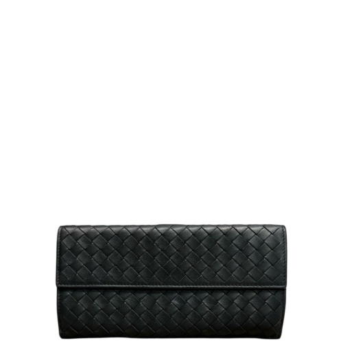 Bottega Veneta Intrecciato Continental Flap Wallet Calfskin Intrecciato Black