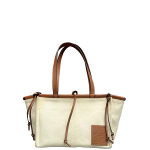 Loewe Small Cushion Tote Canvas Calfskin Beige Brown