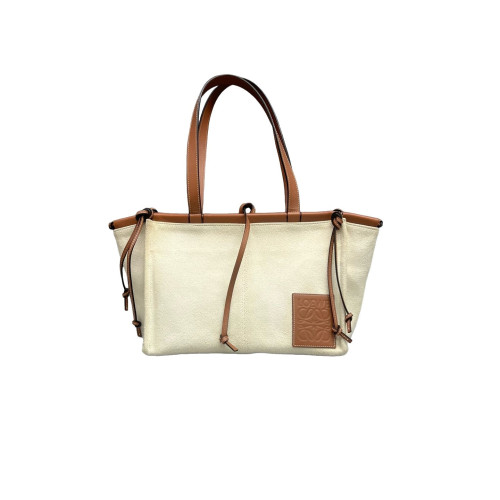 Loewe Small Cushion Tote Canvas Calfskin Beige Brown