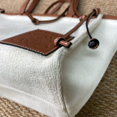 Loewe Small Cushion Tote Canvas Calfskin Beige Brown