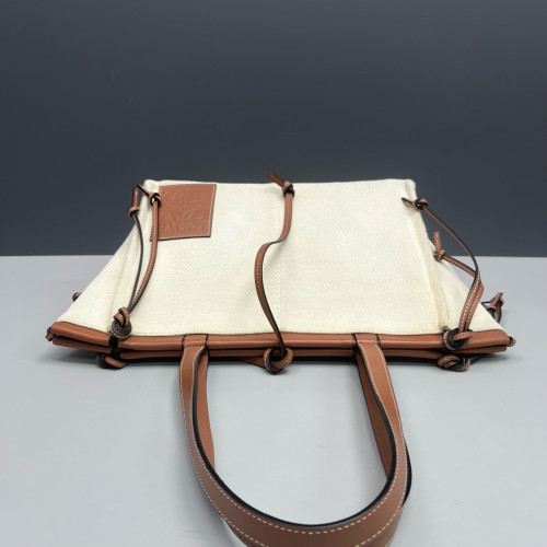 Loewe Small Cushion Tote Canvas Calfskin Beige Brown