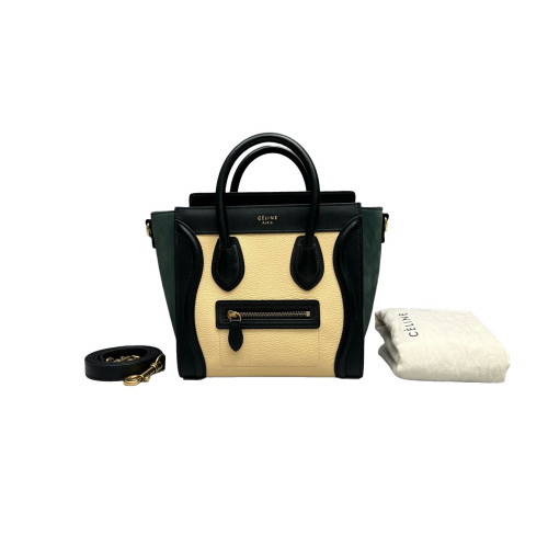 Celine Nano Luggage Grained Calfskin Black Green Beige