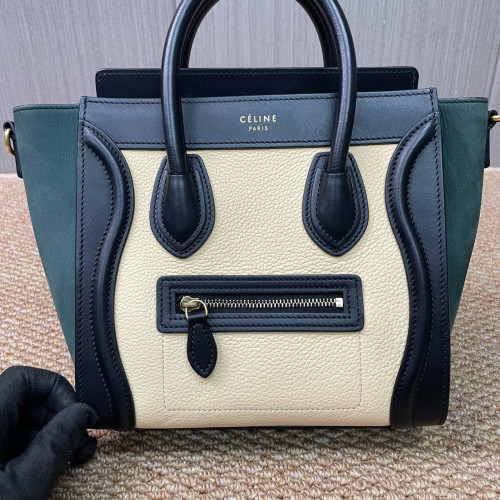Celine Nano Luggage Grained Calfskin Black Green Beige
