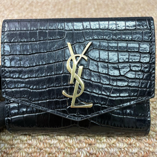 Yves Saint Laurent Compact Wallet Calfskin Crocodile Embossed Black Yves Saint Laurent Compact Wallet Calfskin Crocodile Embossed Black