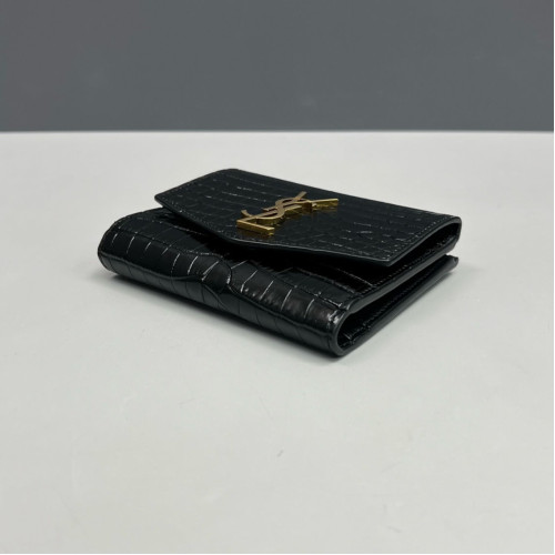 Yves Saint Laurent Compact Wallet Calfskin Crocodile Embossed Black Yves Saint Laurent Compact Wallet Calfskin Crocodile Embossed Black