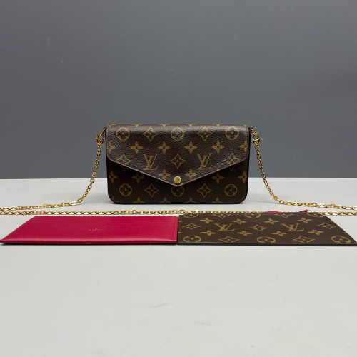 Louis Vuitton Pochette Felicie Chain Wallet Monogram Dark Brown Light Brown Red