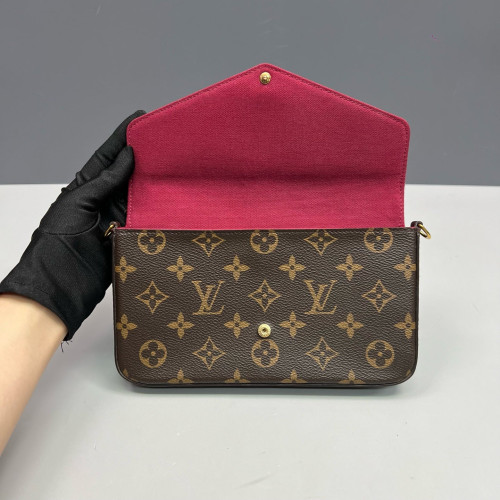 Louis Vuitton Pochette Felicie Chain Wallet Monogram Dark Brown Light Brown Red