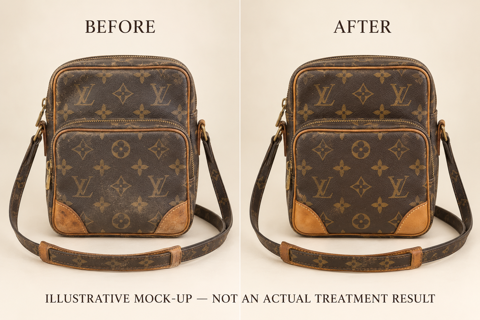 Illustrative LV Amazone cleaning comparison; not an actual treatment result